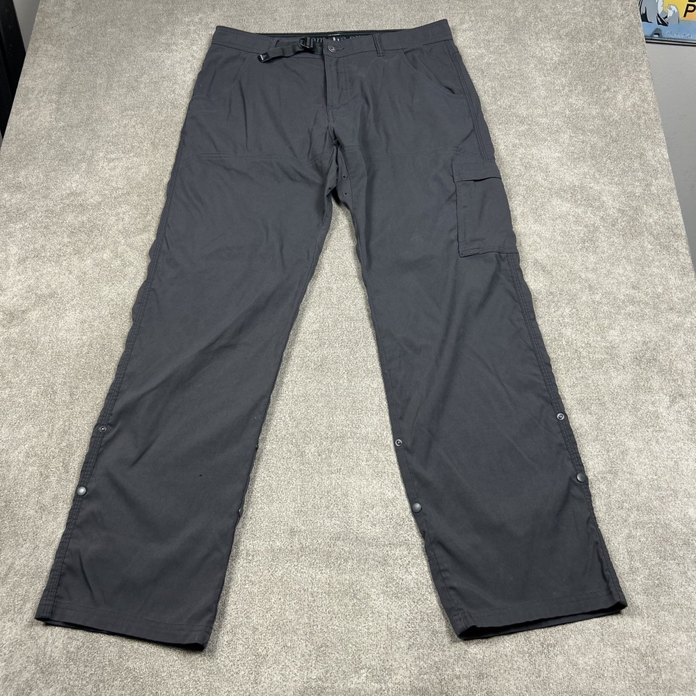 Prana Zion Pants Mens 33x32 Charcoal Gray Hiking Cargo Belted Outdoor Stretch